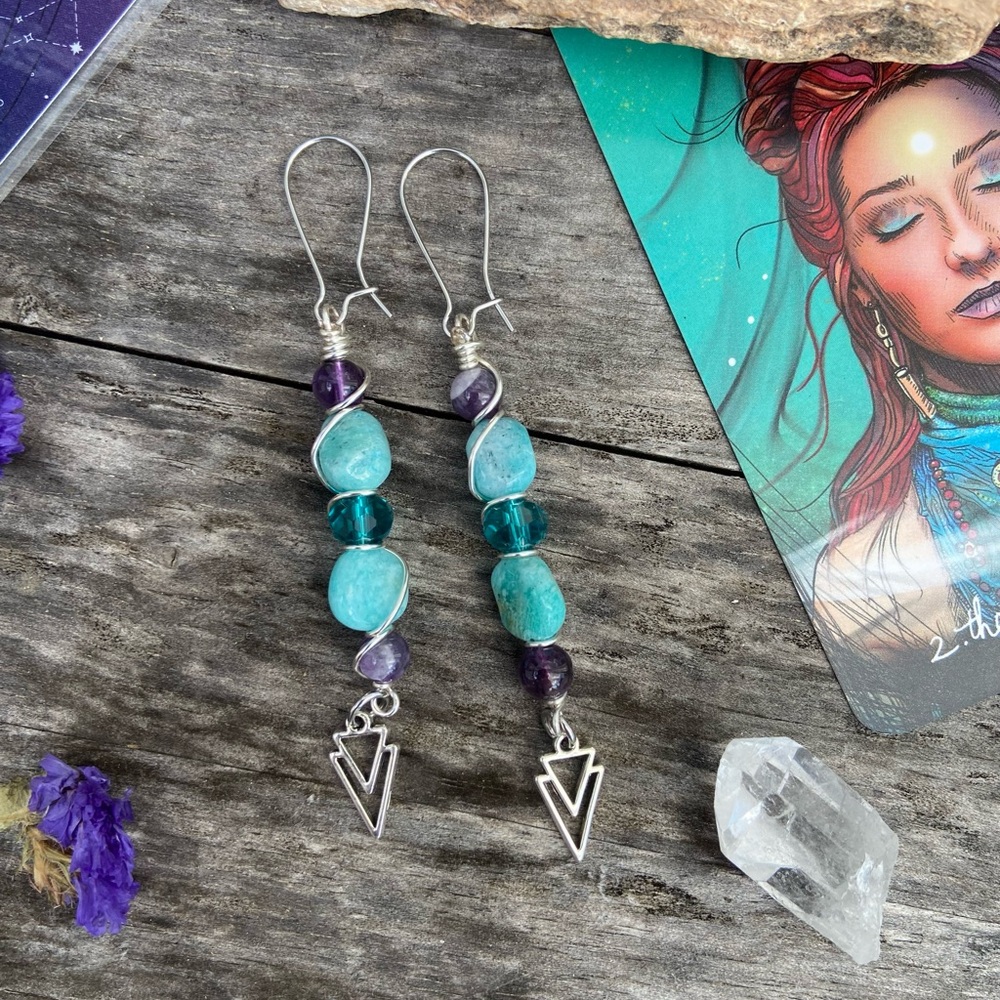 Wire Wrapped Amazonite Amethyst Gemstone Beaded Earrings